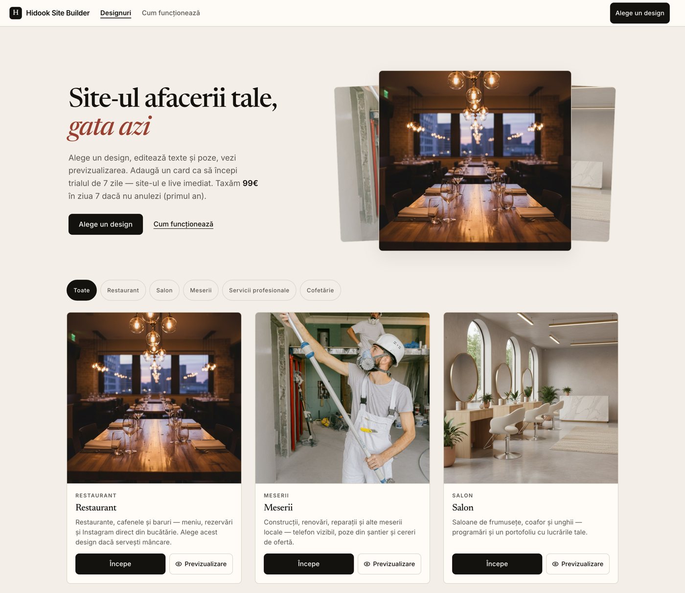 Hidook Site Builder: alege un design pentru restaurant, meserii, salon, servicii profesionale sau cofetărie